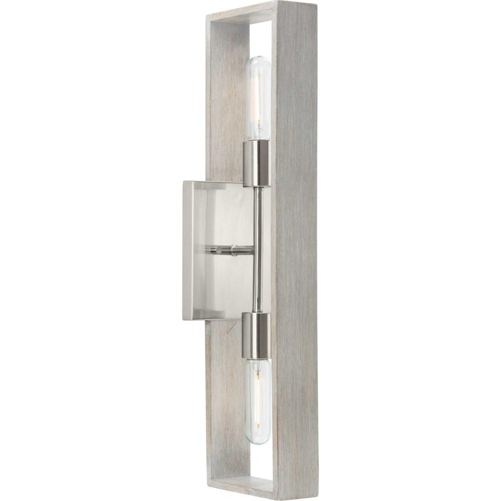 Boundary Collection Two-Light Brushed Nickel Grey Washed Oak Modern Wall Bracket