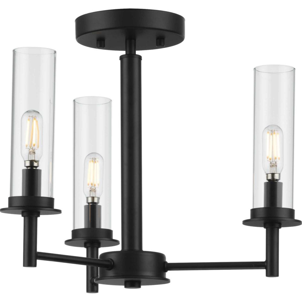 Kellwyn Collection Three-Light Matte Black and Clear Glass Transitional Style Convertible Semi-Flush