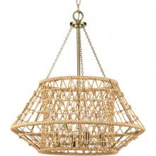 Progress P400323-163 - Laila Collection Four-Light Vintage Brass Coastal Chandelier with Woven Jute Accents