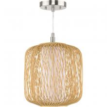 Progress P500395-201 - Cordova Collection One-Light Natural Rattan Organic Modern Mini-Pendant with White Linen Shade