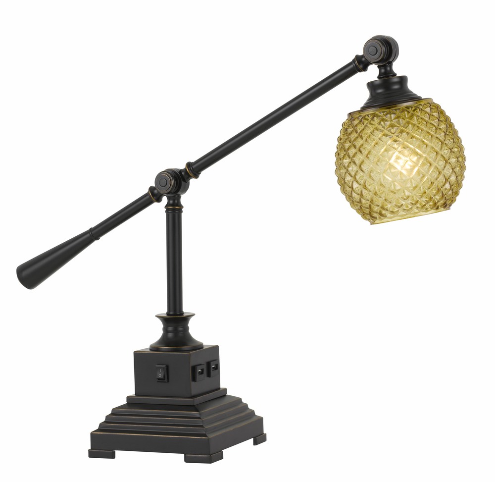 60W Brandon Metal Desk Lamp With Glass Shade And 2 USB Outlets