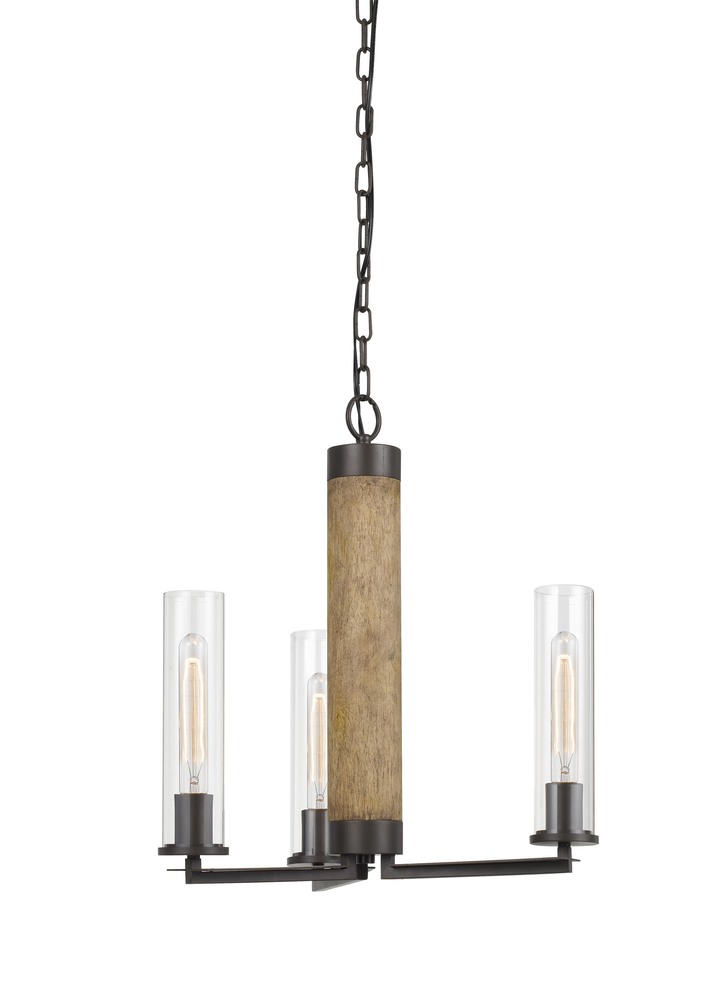 60W X 3 Silverton Metal/Wood 3 Light Chandelier With Glass Shades. (Edison Bulbs included)
