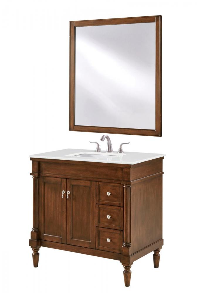 36 Inch Single Bathroom Vanity in Walnut with Ivory White Engineered Marble