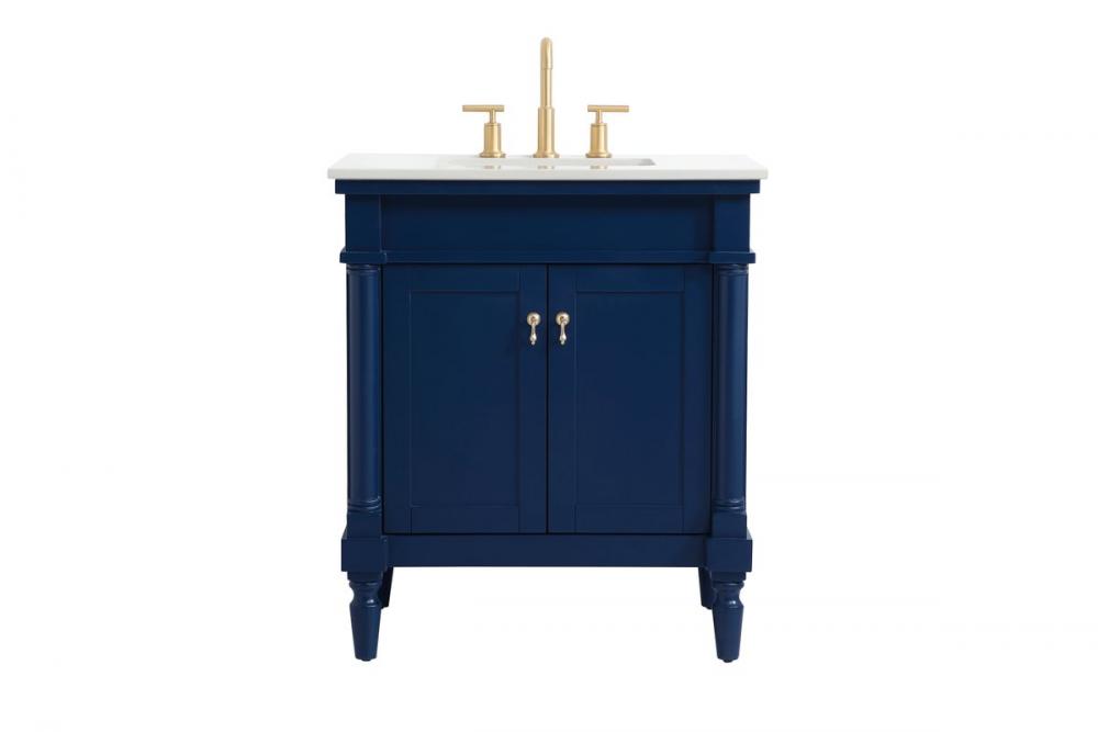 30 Inch Single Bathroom Vanity in Blue with Ivory White Engineered Marble