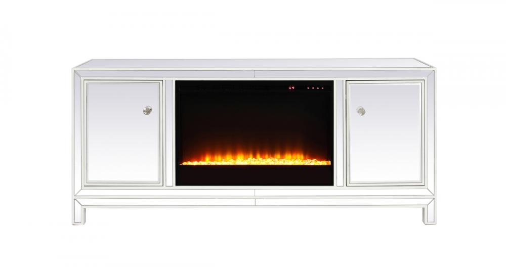 60 In. Mirrored Tv Stand with Crystal Fireplace Insert in White