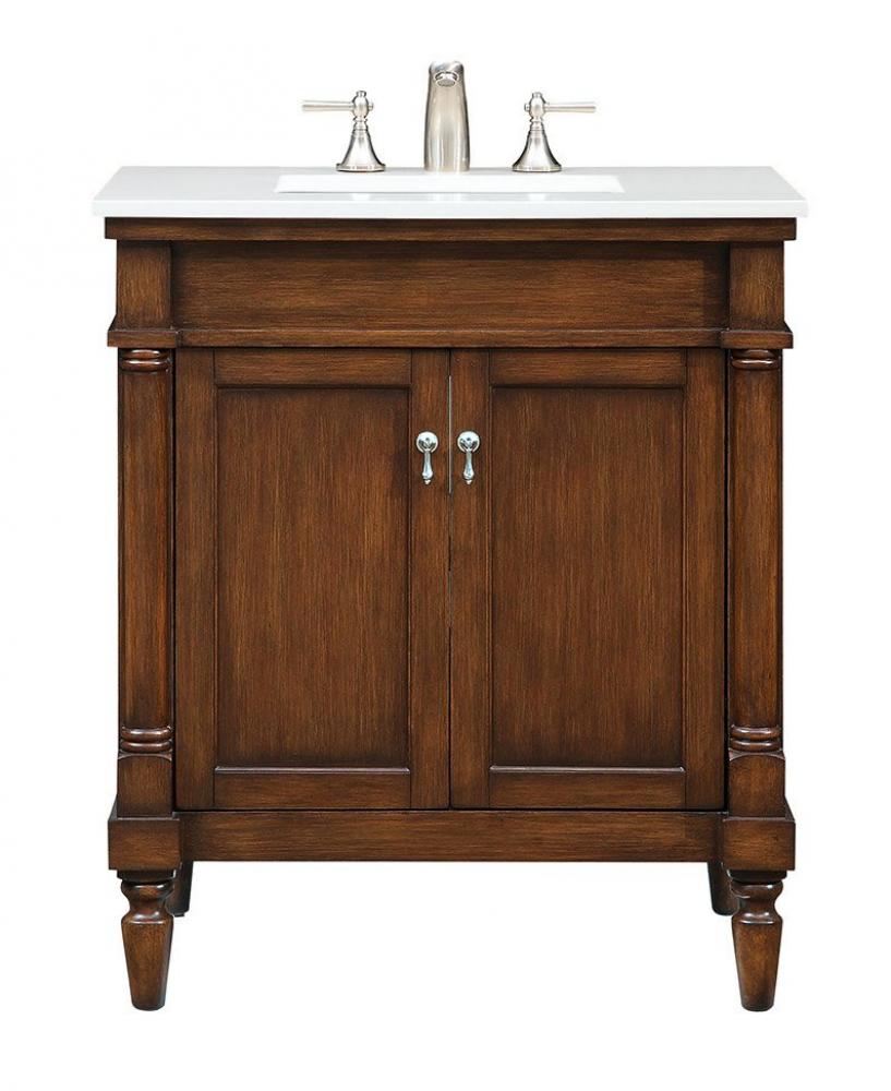 30 Inch Single Bathroom Vanity in Walnut with Ivory White Engineered Marble